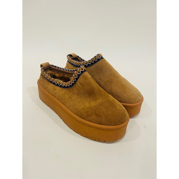 Womens Brown Suede Platform Loafer Mules Slip On Shoes - Picture 1 of 3